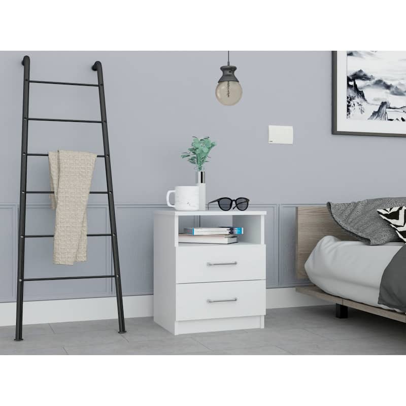 Superior Top Nightstand with Two Drawers, One Shelf - White