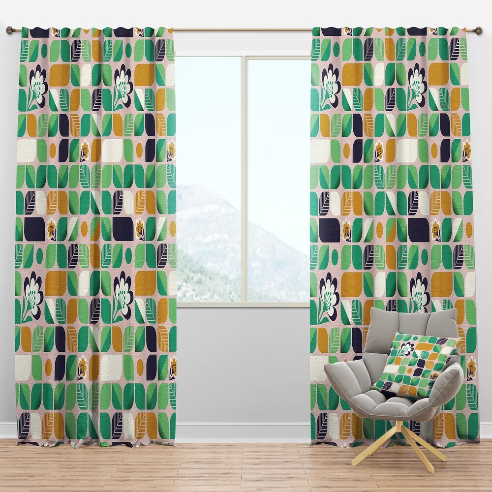 Mid Century Starburst Floral Green White 50" Wide Curtain Panel by Roostery 
