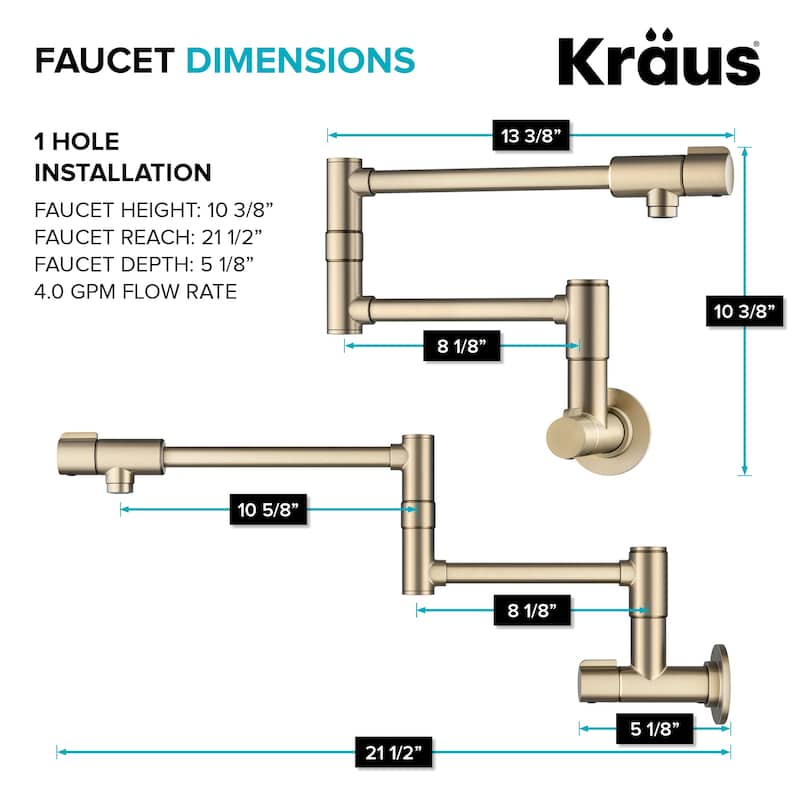 KRAUS Bolden 2 Handle Wall Mount Pot Filler Faucet w/ Retractable Arm