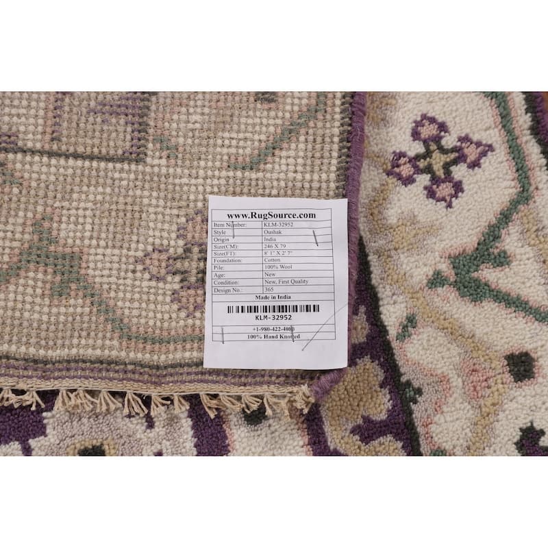 Purple & Ivory Oushak Indian Runner Rug Handmade Wool Carpet - 2'7"x 8'1"