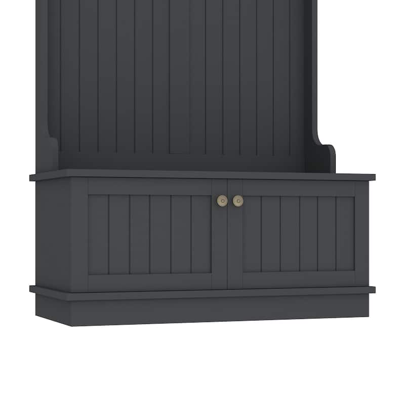 GDFStudio - Cherry Hall Tree with Shoe Bench, Coat Hooks and Display Shelves - 4-in-1 Entryway Organizer