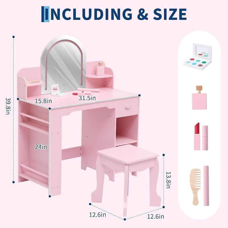 2 in 1 Kids Vanity Table & Stool with Lighted Mirror, Bookshelf and Makeup Palyset
