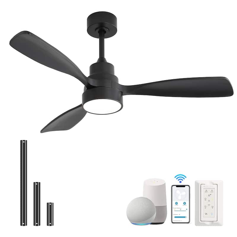 Sofucor 48 Inch Ceiling Fan with Light and Remote,Solid Wood Blades Low Profile,Smart Optional Work with Alexa/Google/App - Smart(Remote+APP+Voice Control) - Black with Black