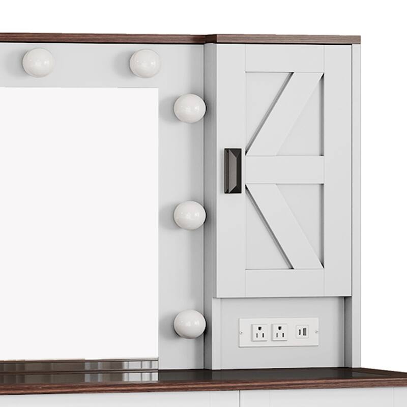 Moasis Farmhouse Makeup Vanity Desk Set with Mirror and Lights, Charging Station and Storage Stool