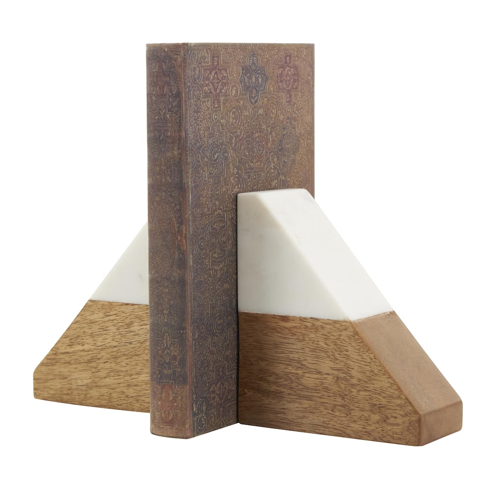 Mango Wood Geometric Triangle 3 lbs Decorative Bookends with White Marble Tops - Set of 2 Brown - Roche River Decor