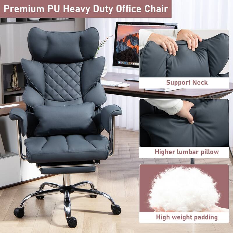 Comfortable Ergonomic Office Chair with Foot Rest, PU Leather Reclining Chair with Adjustable Height Headrest and Waist Lumber