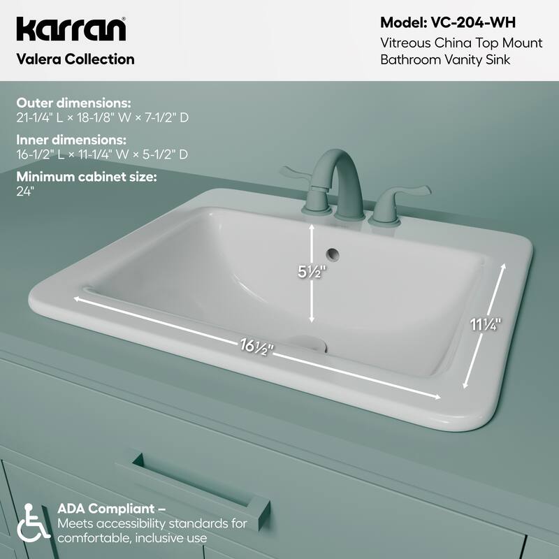 Karran Valera 21" Rectangular Top Mount Vitreous China Bathroom Sink in White