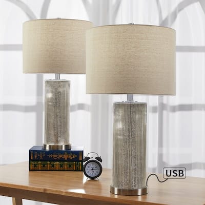 26.25" Silver Chrome Table Lamp Set with USB (Set of 2)