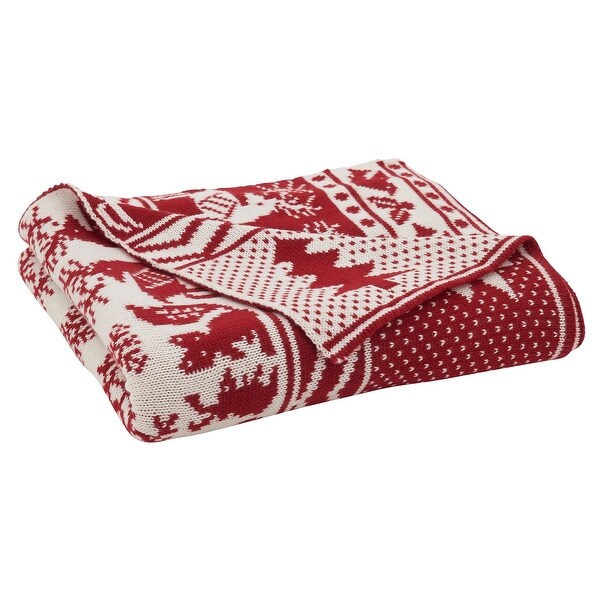 Knit Throw With Christmas Tree and Reindeer Design. Opens flyout.