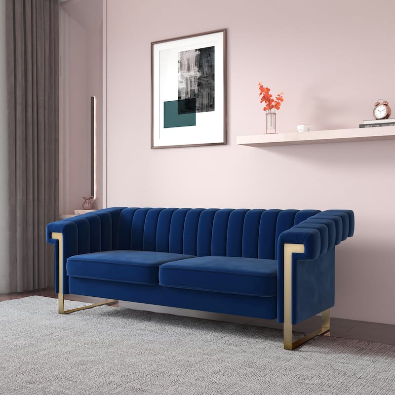 Takefuns Traditional Chesterfield Tufted Velvet Sofa, Couch with Removable Cushions and Gold Legs