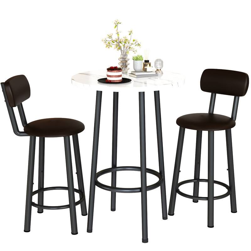 3Piece Counter Height Bar Table Set, Faux Marble Round Bistro Dining