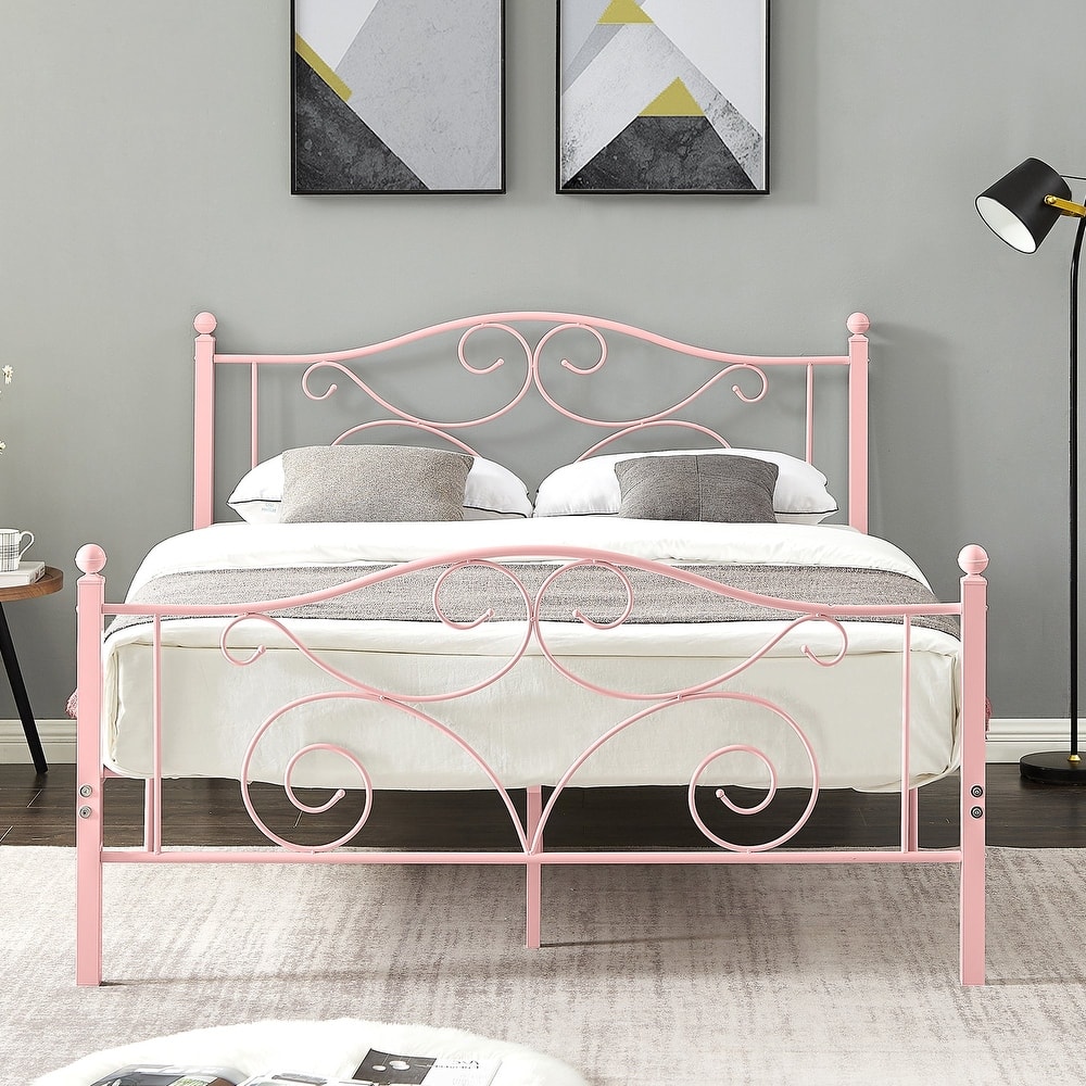 VECELO Metal Platform Bed Frame with Roman Column Floral Scrollwork Headboard No Box Spring Needed Twin/Full/Queen Size