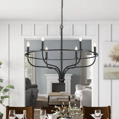 6-Light Modern Black Traditional Vintage Linear Candle Wagon Wheel Chandelier for Living Room/ Kitchen Island