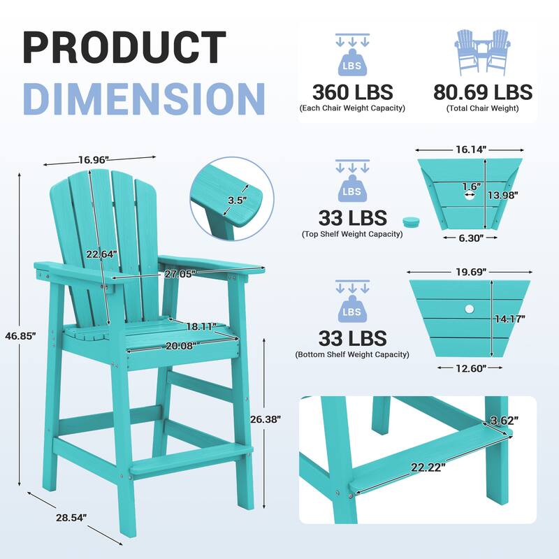 Outdoor Tall Adirondack Chair Set of 2 with Connecting Tray