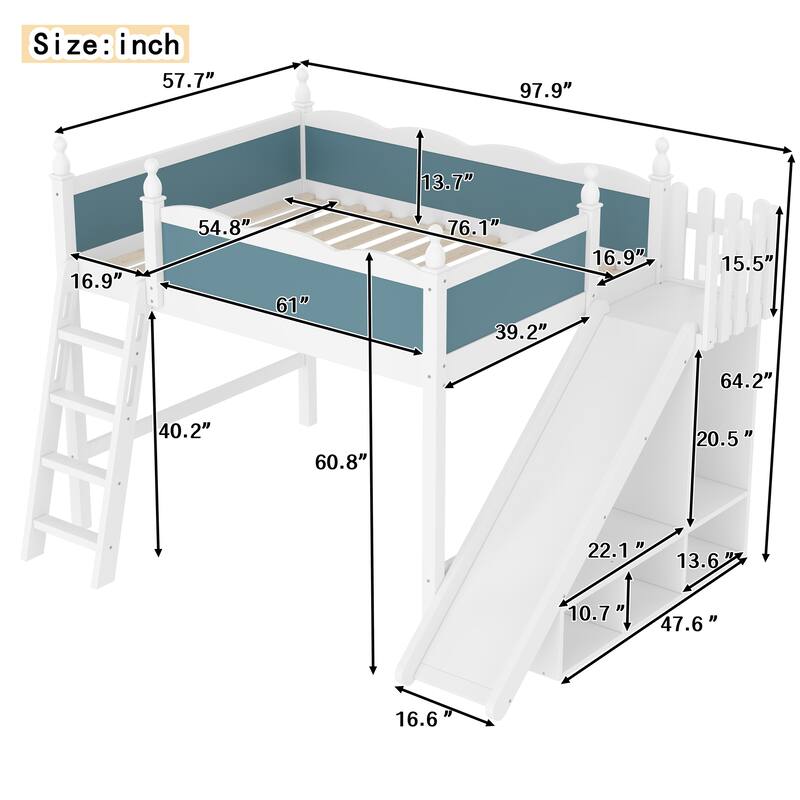 Full Loft Bed with Storage Shelves and Cabinet, Solid Wood Loft Beds with Detachable Slide and Ladders, No Spring Box Needed