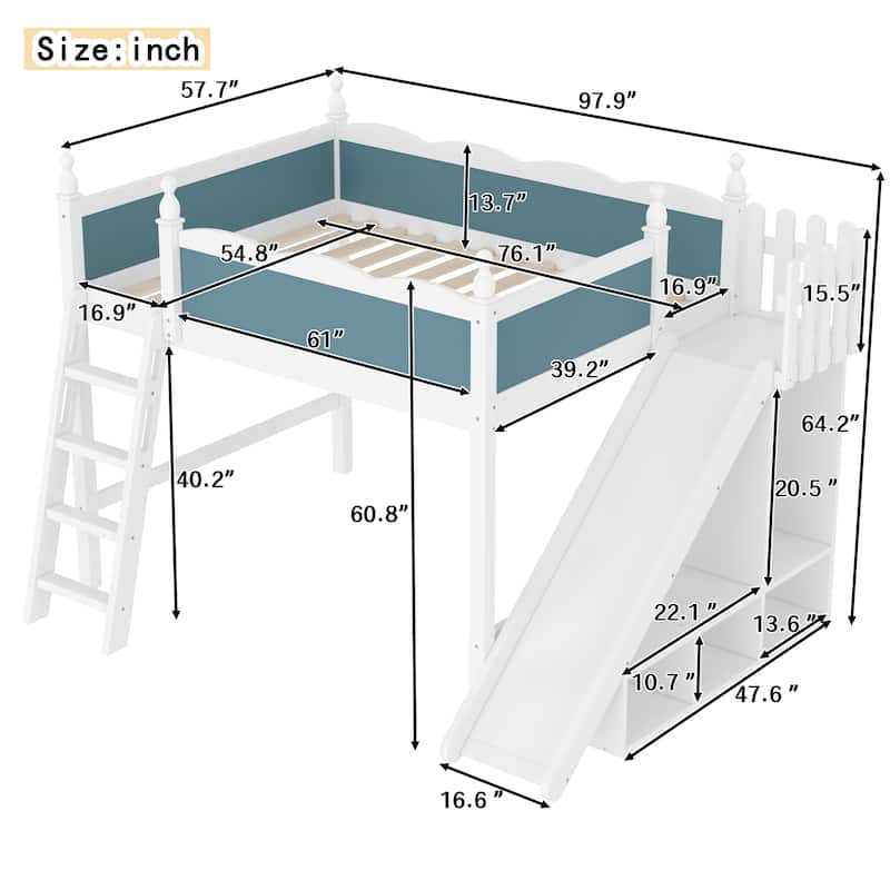 Full/Queen Loft Bed with Storage Shelves, Cabinet & Detachable Slide, Solid Wood Loft Bed with Ladders, No Box Spring