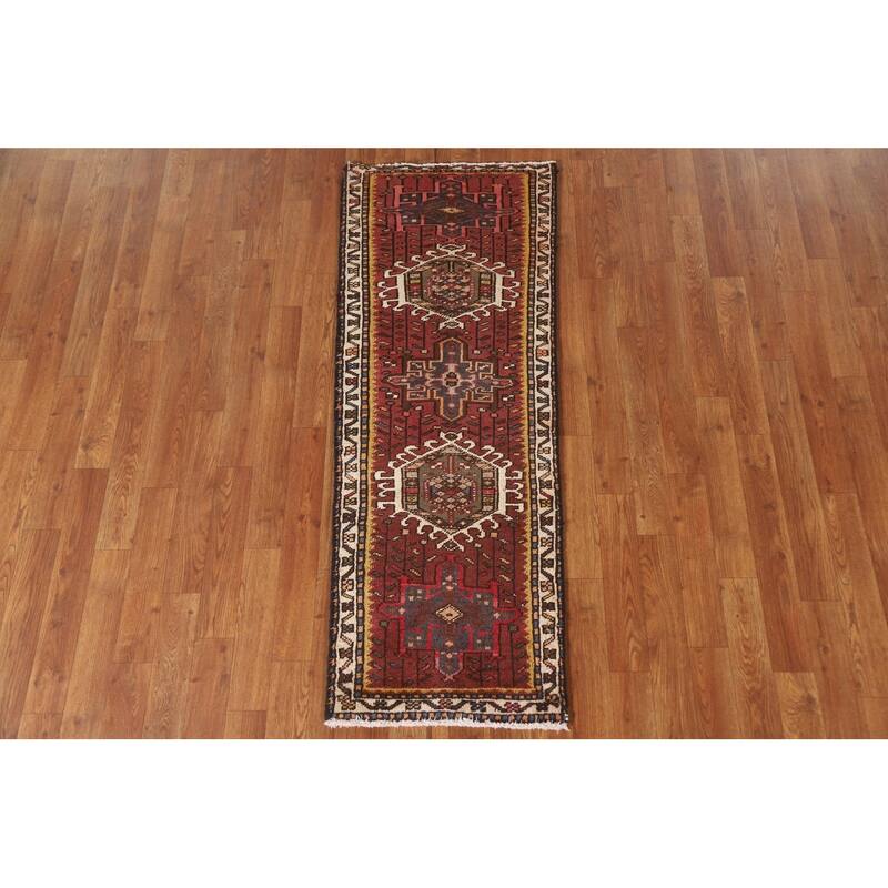 Red Gharajeh Persian Vintage Runner Rug Handmade Wool Carpet - 1'11"x 4'11"
