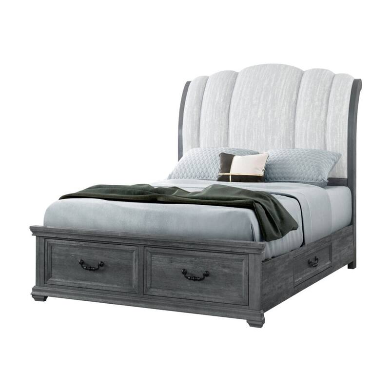 HomeRoots Gray Distressed Wood And Upholstery King Bed Frame With Drawers