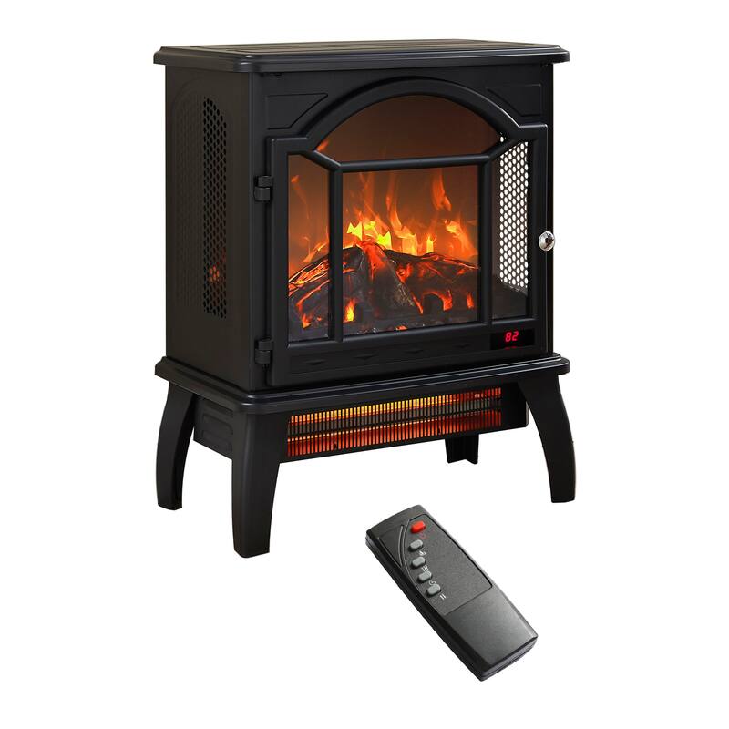 Freestanding 18-Inch Electric Quartz Fireplace Stove with Realistic Flame, 1500W Heat & Remote Control - Black