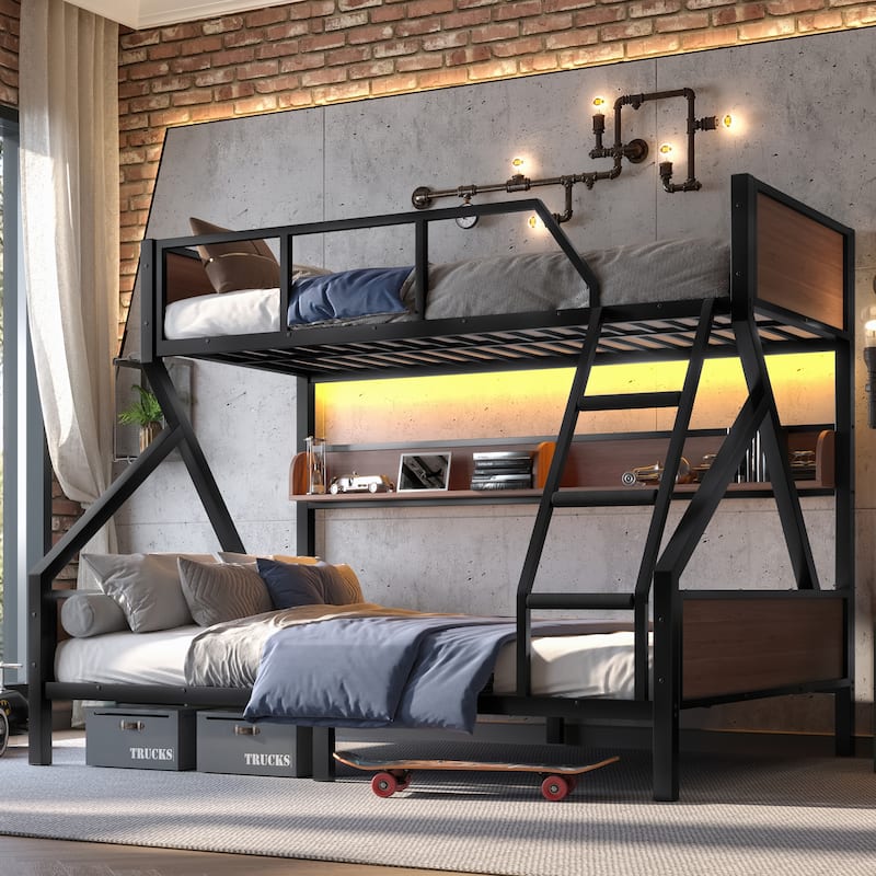 Twin XL over Queen Bunk Bed with Storage Shelves, Lights and Noise-Free Design