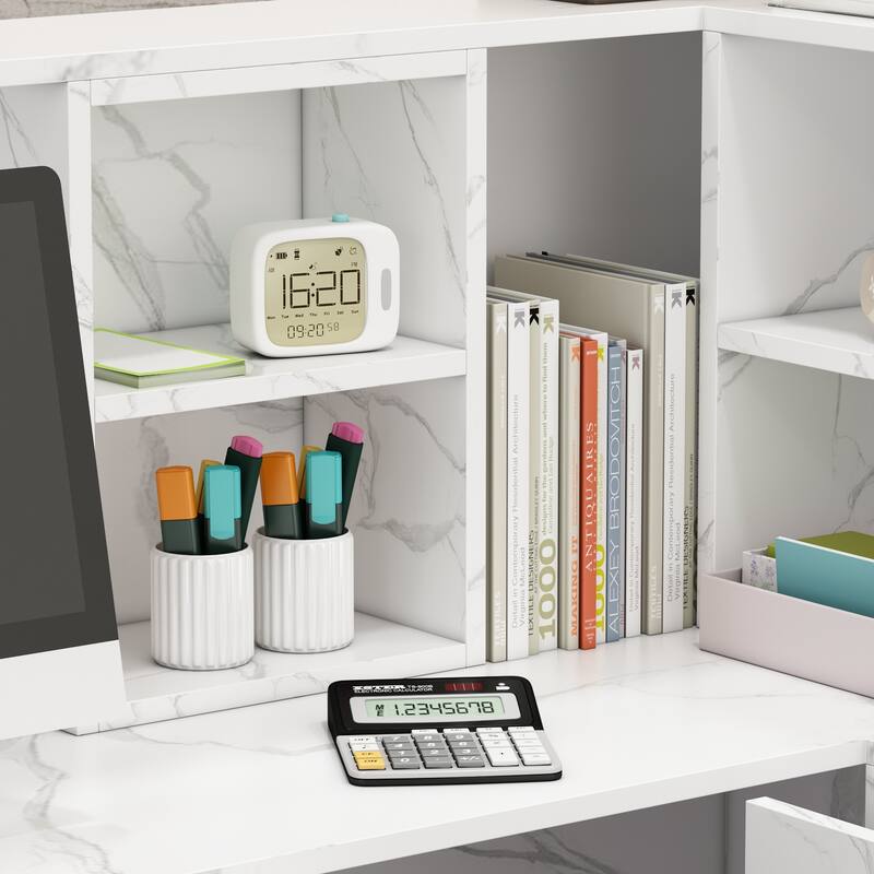 55.9-inch L-shaped Black or White Marbled Wood Reception Desk