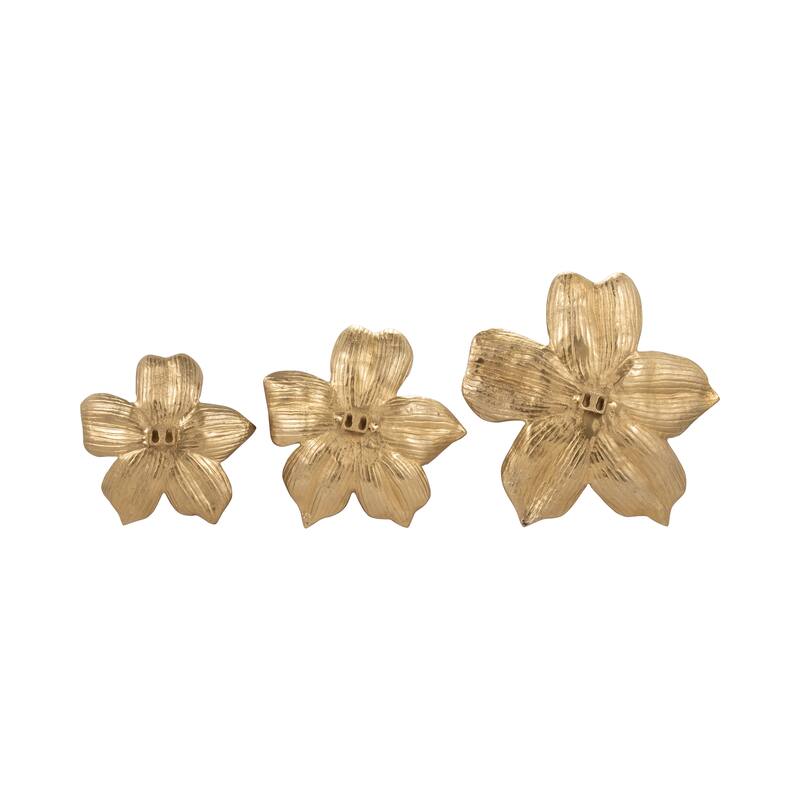 Modern Five Petal Flower Decorative Wall Art Sculpture- Set of 3, 18", Gold