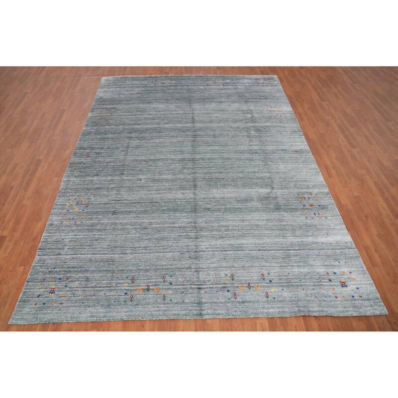 Hand Knotted Oriental Viscose Silk Carpet Tribal Animal Pictorial Greys & Charcoal Gabbeh Area Rug - 11' 9'' X 8' 7''