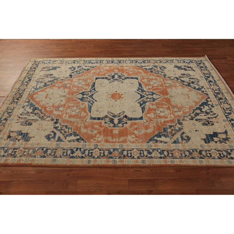 Orange & Blue Heriz Serapi Vegetable Dye Rug Hand-Knotted Wool Carpet - 5'5"x 7'7"