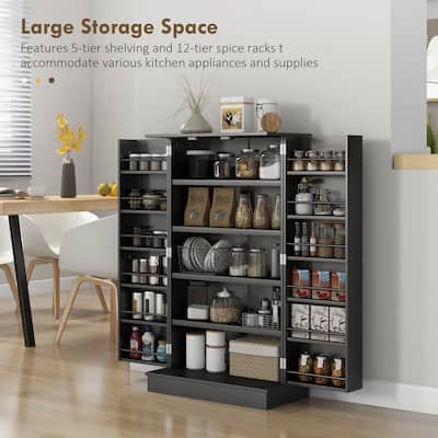 Kitchen Pantry Storage Cabinet with Adjustable Shelves and Side Racks, Buffet Cabinet Sideboard with Anti-Tip Wall Strap