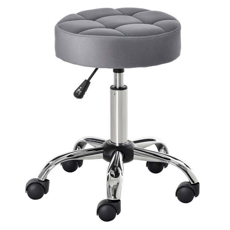 HOMCOM Round Vanity Stool with Height Adjustable Lift, Luxury Style Upholstery and Swivel Seat and Wheels - 13.75"x13.75"x24"