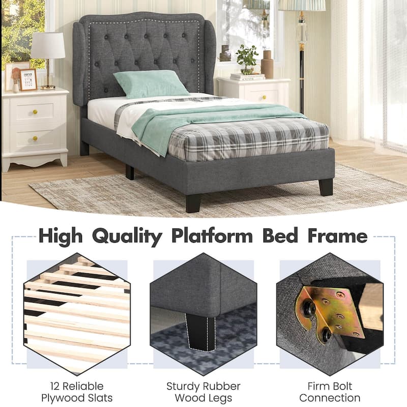 Twin Bed Frames w/Headboard Modern Linen Upholstered Platform Bed