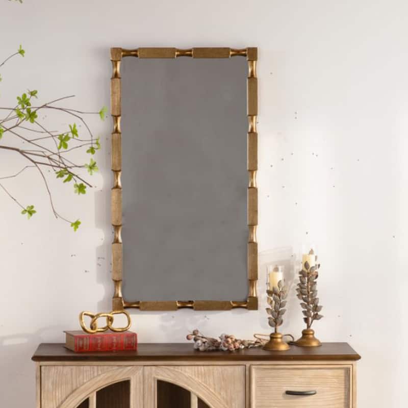 Gold Bamboo-Style Rectangular Wall Mirror, Textured Frame for Living Room/Bedroom/Entryway Decor