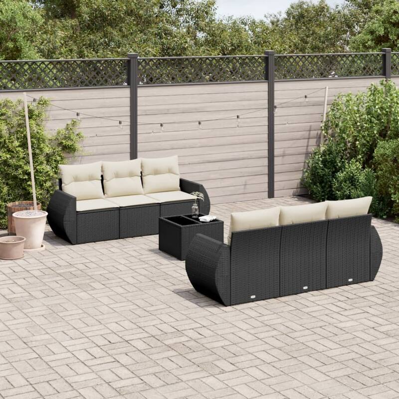 vidaXL Patio Sofa Set with Cushions Outdoor Furniture 7 Piece Poly Rattan - 24.4 x 27.6 x 27.2 - Black and cream