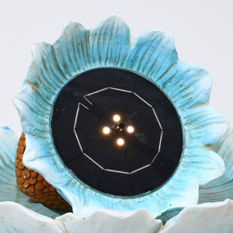 Solar Powered Blue Flower 2-Tier Resin Birdbath Fountain with Lights