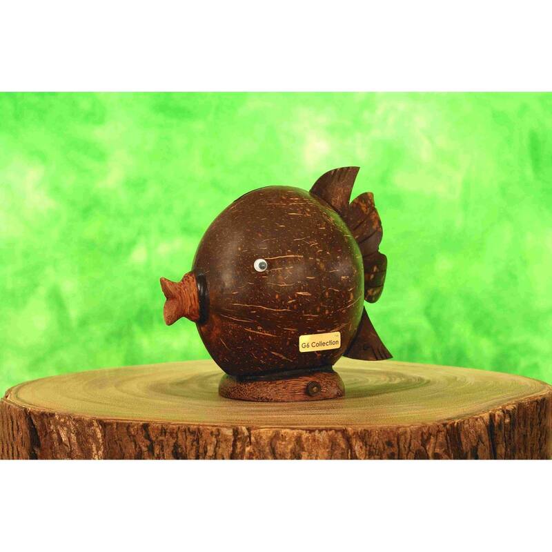 Unique Handmade Coconut Shell Wood Cute Fish Coin Piggy Bank Handcrafted Wooden Hand Carved Keepsake Saving Money