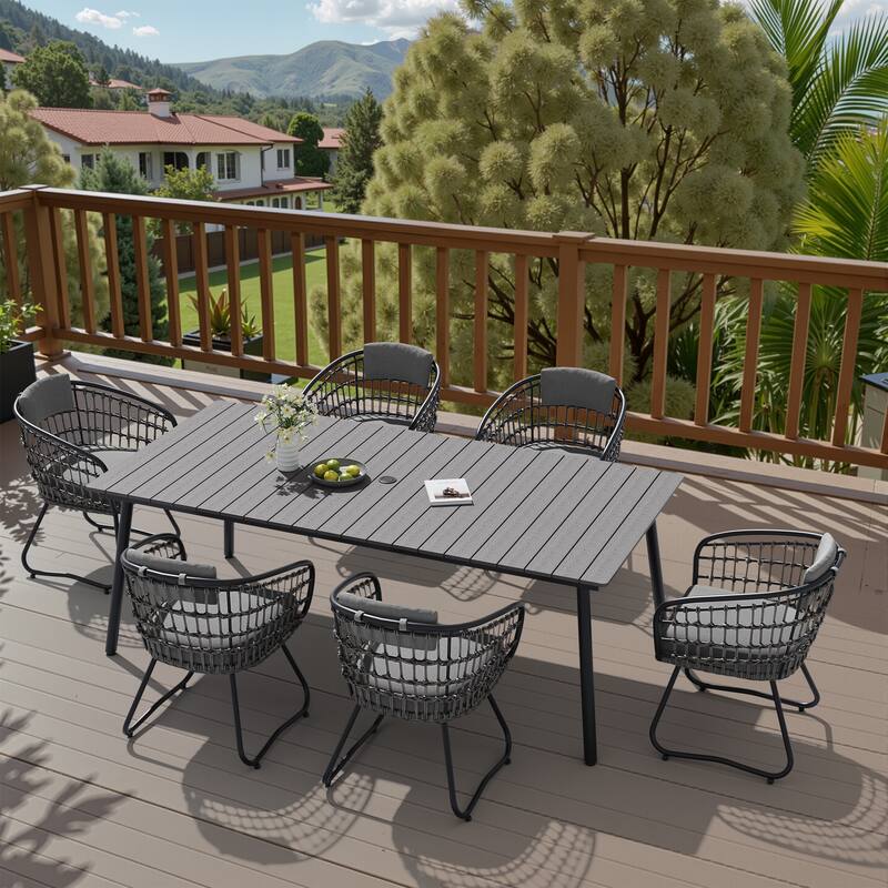 7-Piece Outdoor Patio Dining Set Wood-Like Table Top Alumium Umbrella Hole Table with PE Rattan Chairs - GreyTable&GreyChairs