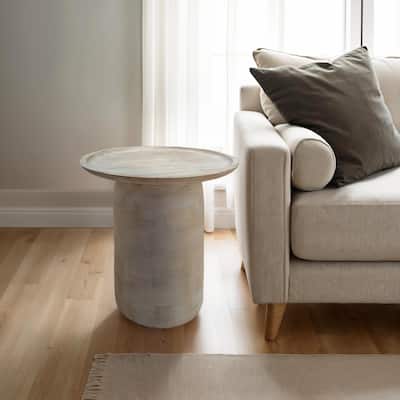 Joana Side End Table, Sandblasted Distressed White Mango Wood, 17 Inch Round Top