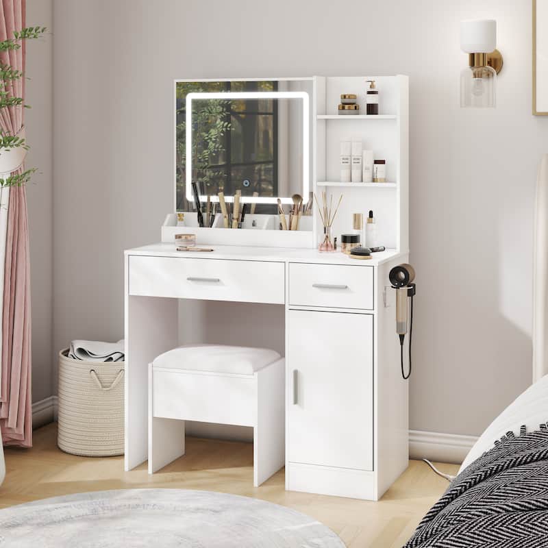 Makeup Vanity Set, Vanity Desk with Stool, LED Light Mirror and Charging Station