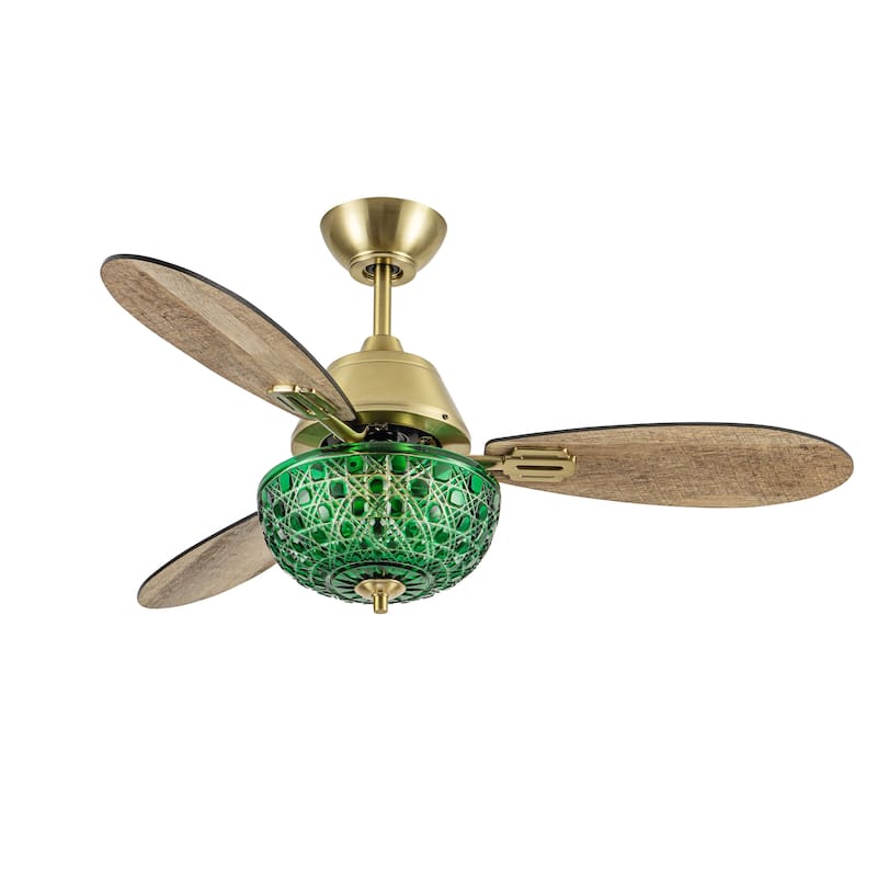 Izzy River of Goods 3-blade 42-inch Modern Indoor Ceiling Fan with Green Hand-Cut Glass Shade and Remote Control