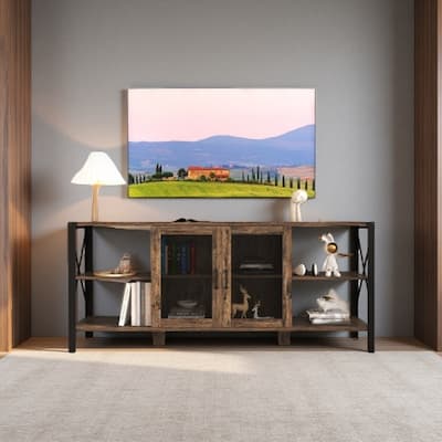 80'' Farmhouse TV Stand, Wood and Metal Entertainment Center with Open Shelves & Mesh Door Storage
