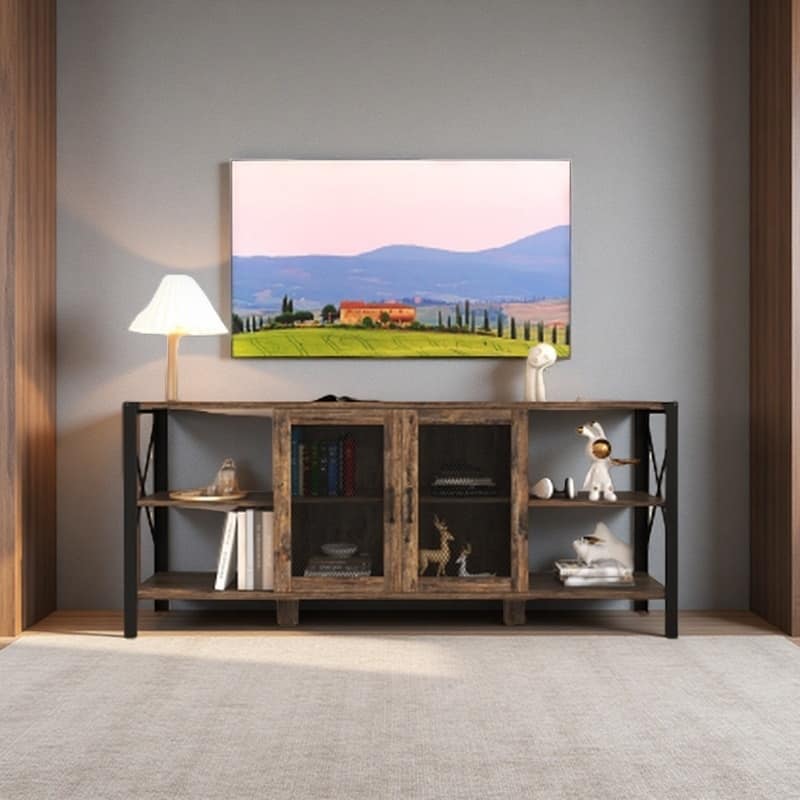 80'' Farmhouse TV Stand, Wood and Metal Entertainment Center with Open Shelves & Mesh Door Storage