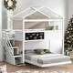 preview thumbnail 1 of 17, Artsy House Roof Shape Design Twin over Full Wood Bunk Bed with Storage Staircase and Blackboard, Solid Construction, White White