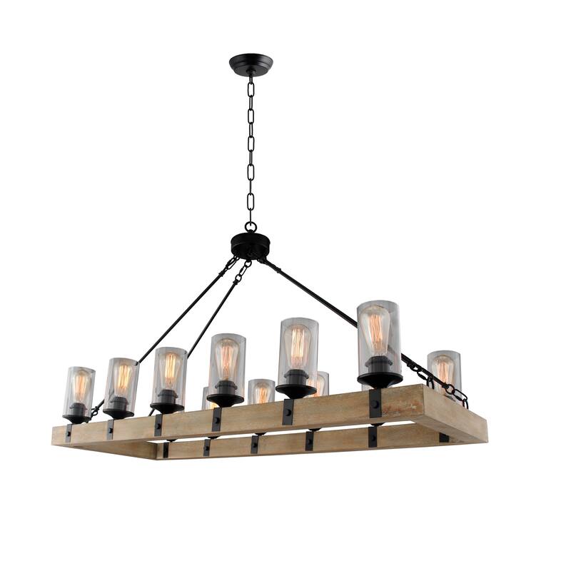 12 Light Chandelier in Black and Natural Wood Finish with Clear Glass Shade - 76.2" H x 121.9"W x 50.8" D