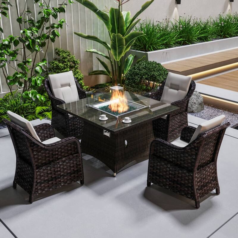 Modern Outdoor Square Fire Pit Table Set with 4 Dining Chairs