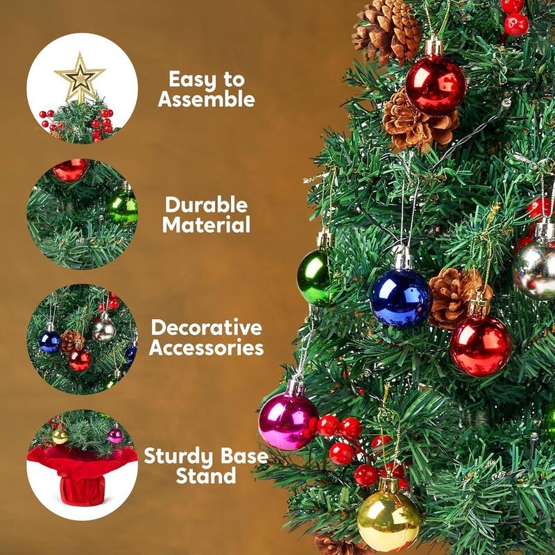 5 in. Tall Green Plastic & Metal Prelit Tabletop Christmas Tree with Color Changing LED Lights - Red