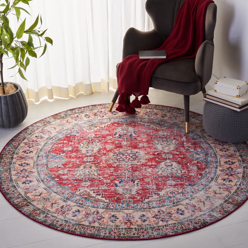 SAFAVIEH Tucson Machine Washable Slip Resistant Fraida Oriental Rug - 6' Round - Rust/Beige
