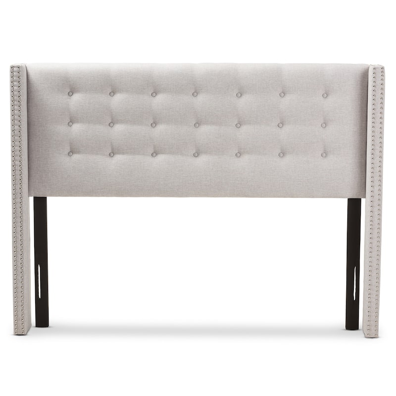 Modern Greyish Beige Fabric Winged Headboard King Size with Button Tufting and Nailhead Trim, Adjustable Mount