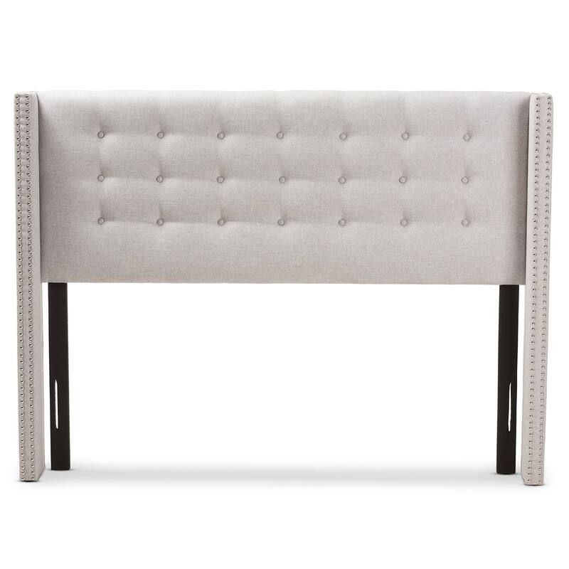Modern Greyish Beige Fabric Winged Headboard Queen Size with Button Tufting and Nailhead Trim, Adjustable Mount