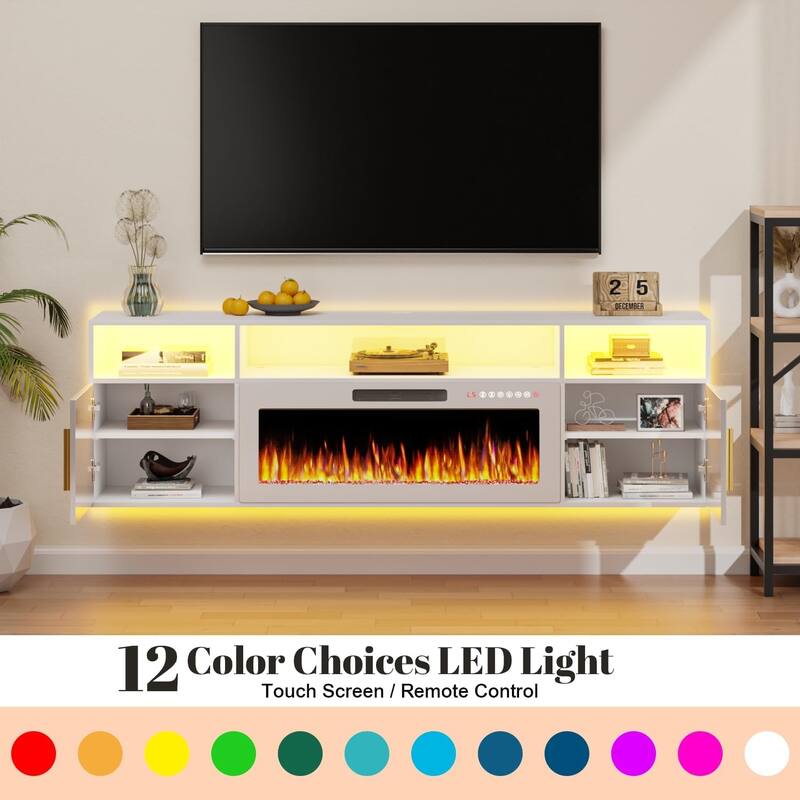 BOSSIN 70" Floating TV Stand with 36" Electric Fireplace, High Gloss Finish Wall Mounted Fireplace TV Stand with Storage