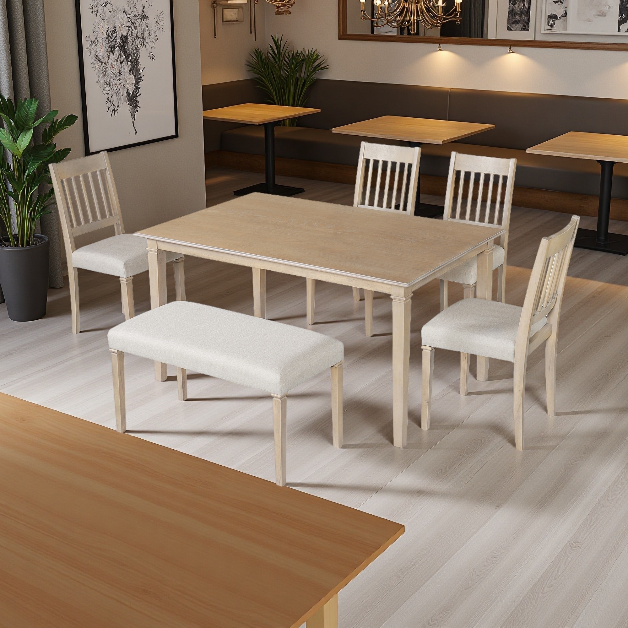 6-Piece Retro Dining Set, Rectangular Table with 4 Chairs & Bench